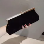 Retro Black Velvet Evening Clutch Bag ,Glitter Rhinestone Buckle, Chain Strap, Elegant Party Purse for Women