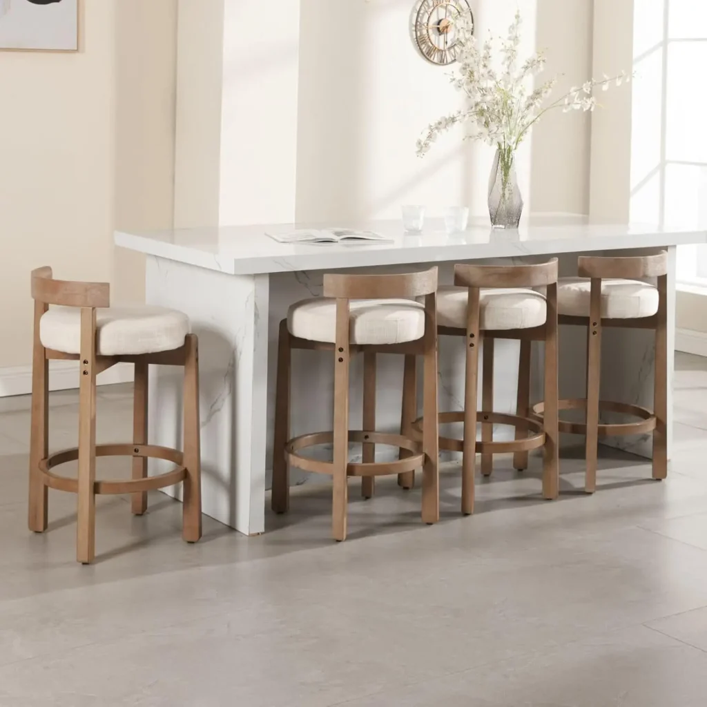 Set of 4 Upholstered Counter Bar Stools – 26.5” Seat Height Kitchen Stools with Low Round Back & Natural Wood Legs
