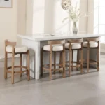 Set of 4 Upholstered Counter Bar Stools – 26.5” Seat Height Kitchen Stools with Low Round Back & Natural Wood Legs