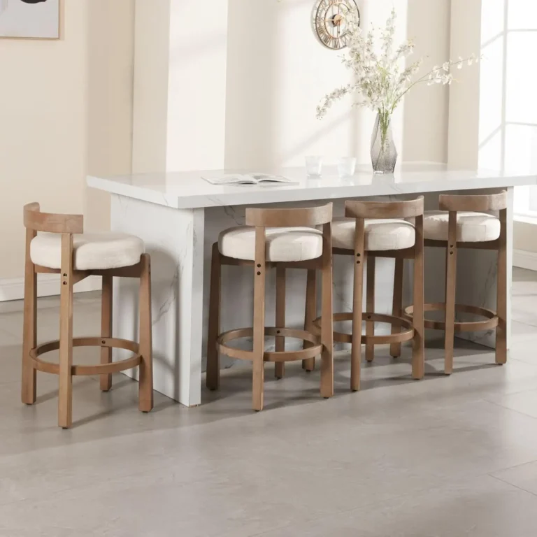 Set of 4 Upholstered Counter Bar Stools – 26.5” Seat Height Kitchen Stools with Low Round Back & Natural Wood Legs