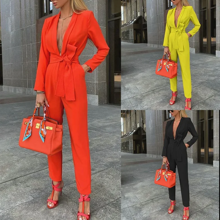 Elegant Blazer Jumpsuit for Women – Long Sleeve Lace-Up Romper, Office Lady Style for Spring & Autumn