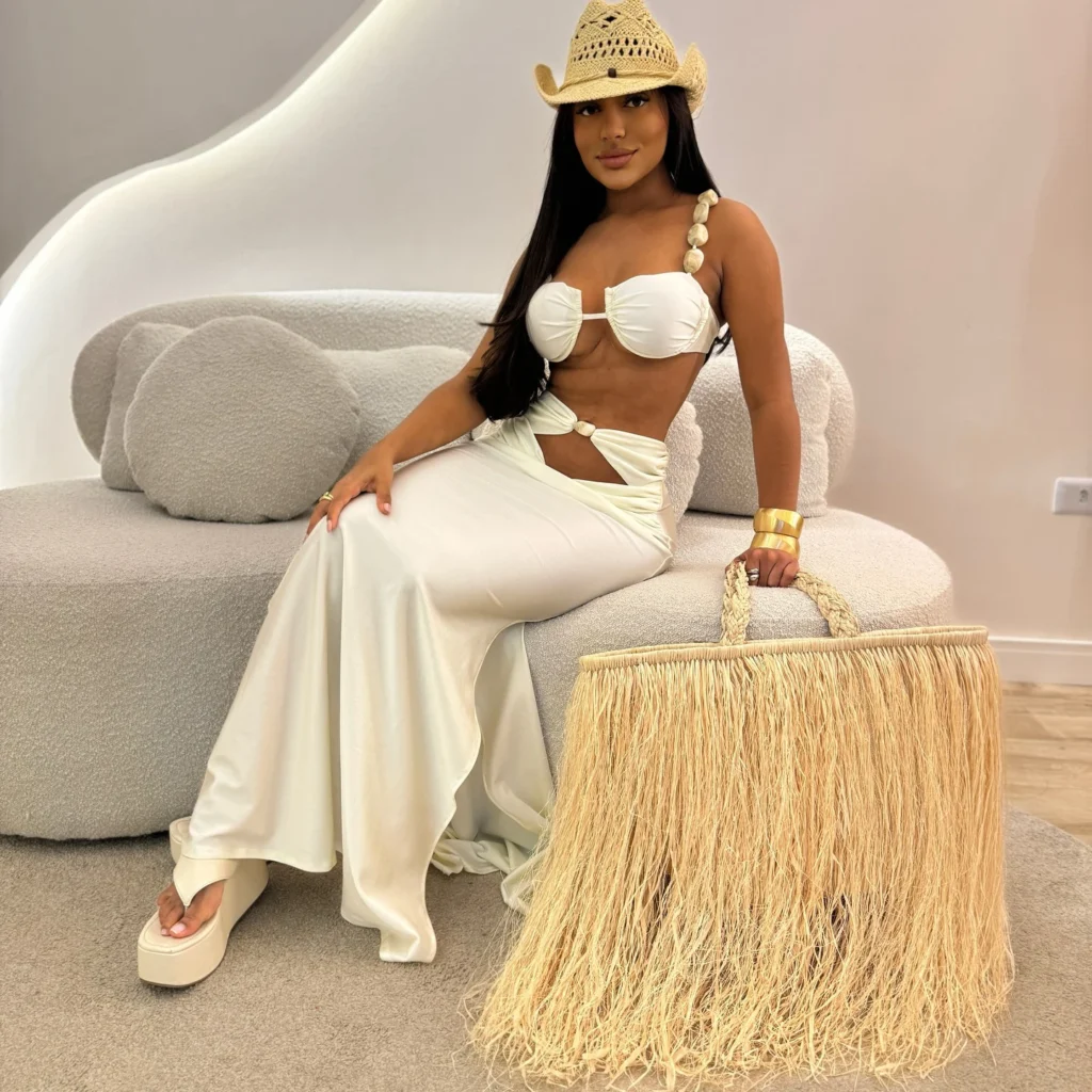 Women’s Sexy Bikini Set ,Push-Up Halter Swimsuit + Sheer Long Skirt
