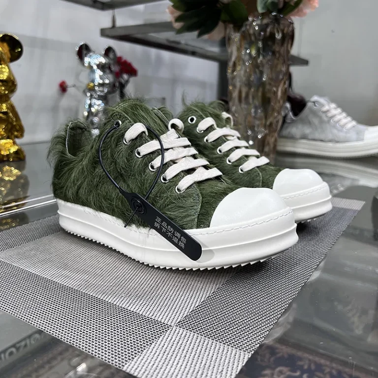 Genuine Leather & Horse Hair Sneakers – Army Green Low Top Luxury Shoes for Men & Women