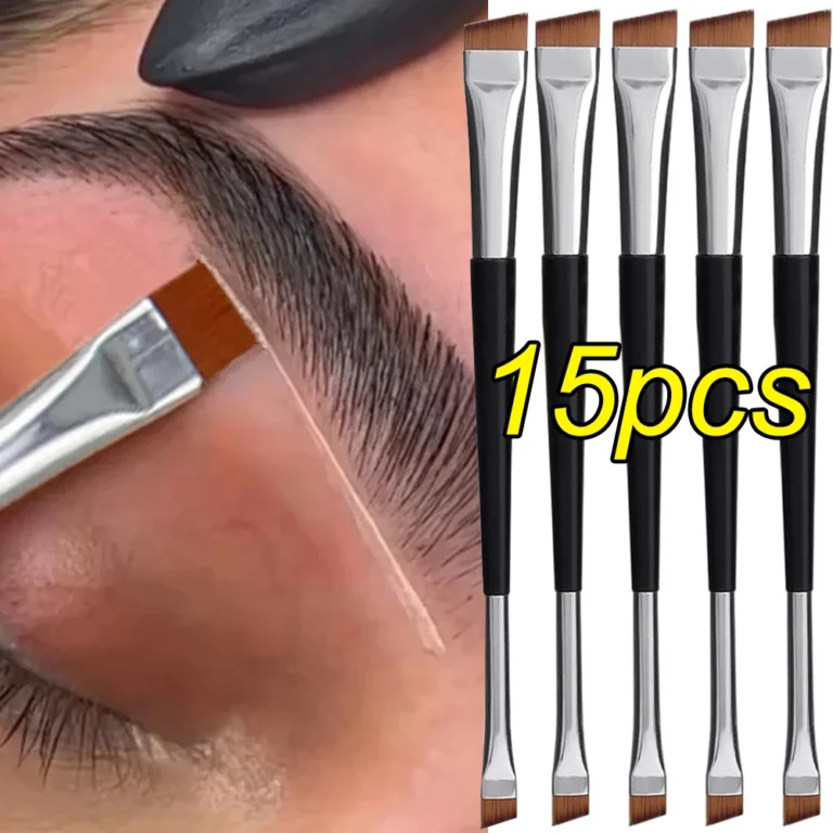 15pcs Professional Eyebrow & Eyeliner Brush Set – Double-Head Flat Angled Makeup Tools for Precise Brow Shaping & Liner Application