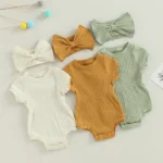 Newborn Baby Girl Ribbed Knit Romper Bodysuit with Headband – Solid Color Short Sleeve Jumpsuit – Perfect Summer Outfit for Baby Girls
