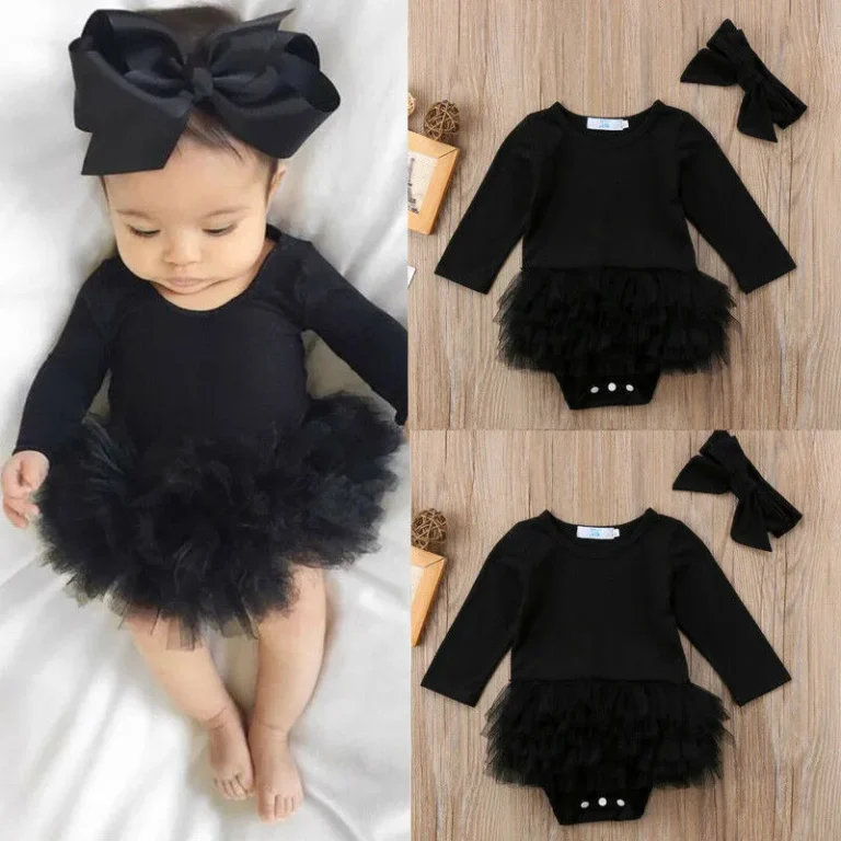 Baby Girls Long Sleeve Romper with Bow Headband – Princess Bodysuit for Infants (0-24 Months)