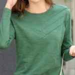 AOSSVIAO 2025 Summer Women’s Ribbed Cotton Button Detail Tee-Shirt – Loose Fit Long Sleeve O-Neck Casual Fashion T-shirt Korea Tops