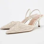2025 Summer Women's Mesh Embroidered Slingback Heels – Pointed Toe Floral Dress Sandals