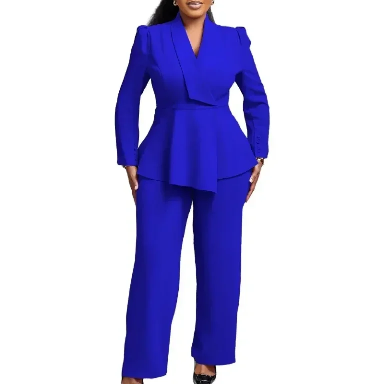 Autumn African 2-Piece Set for Women – Elegant V-Neck Long Sleeve Top & Matching Pants