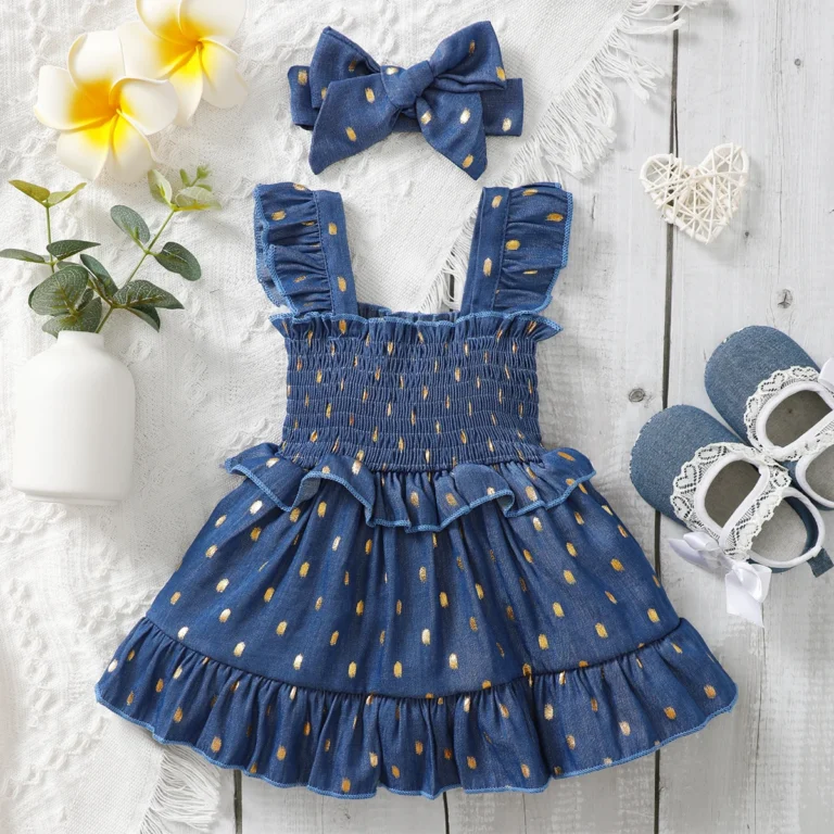 Toddler Baby Girl Golden Dot Blue Dress with Headband – 3-24 Months Summer Fashion Party Princess Dress Set (2 Pcs)