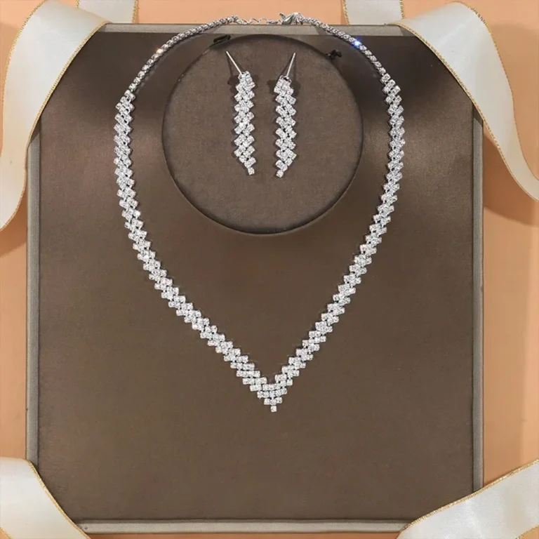 Luxury Rhinestone V-Shaped Necklace & Earrings Set – 2-Piece Bridal Jewelry for Women