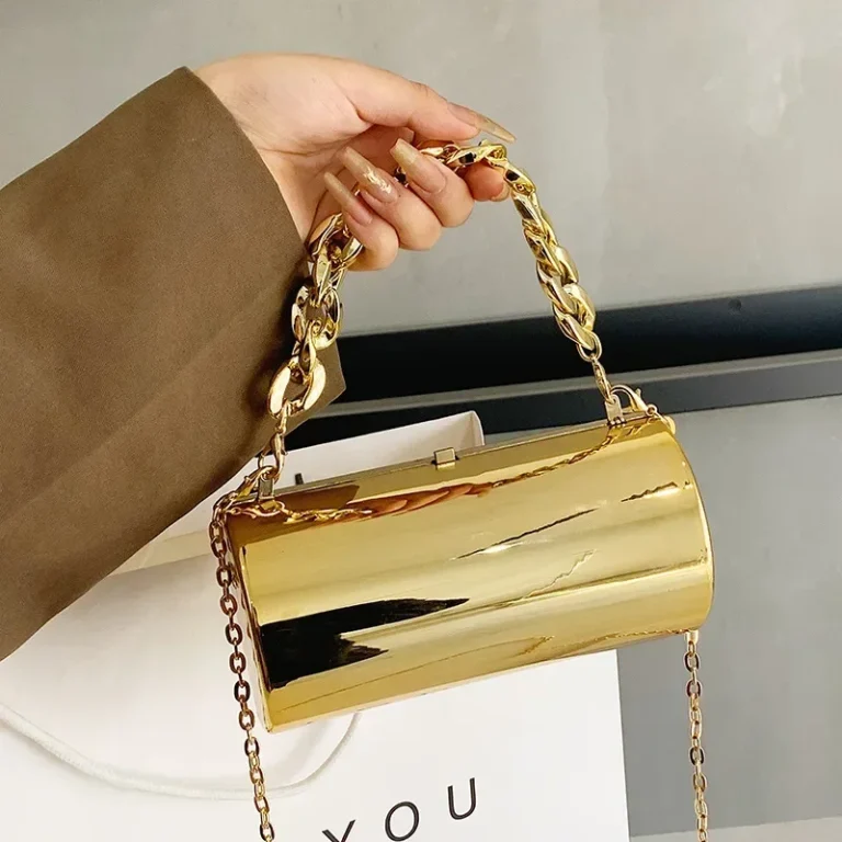 Women’s Metallic Box Clutch – Gold Cylinder Mini Party Purse with Shoulder Strap