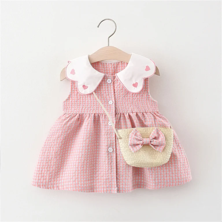 Summer Newborn Baby Girl 2-Piece Cotton Dress & Backpack Set – Embroidered Flip Collar, Checkered Sleeveless Beach Dress