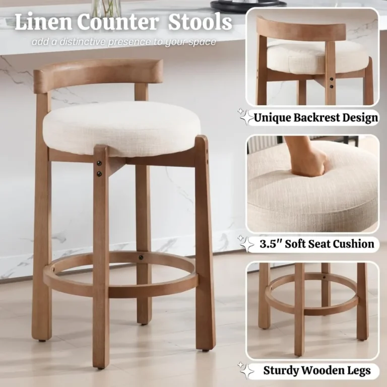 Set of 2 Upholstered Bar Stools – 26.5” Counter Height Linen Bar Chairs with Backrest & Solid Wood Legs for Kitchen Island or Dining Room
