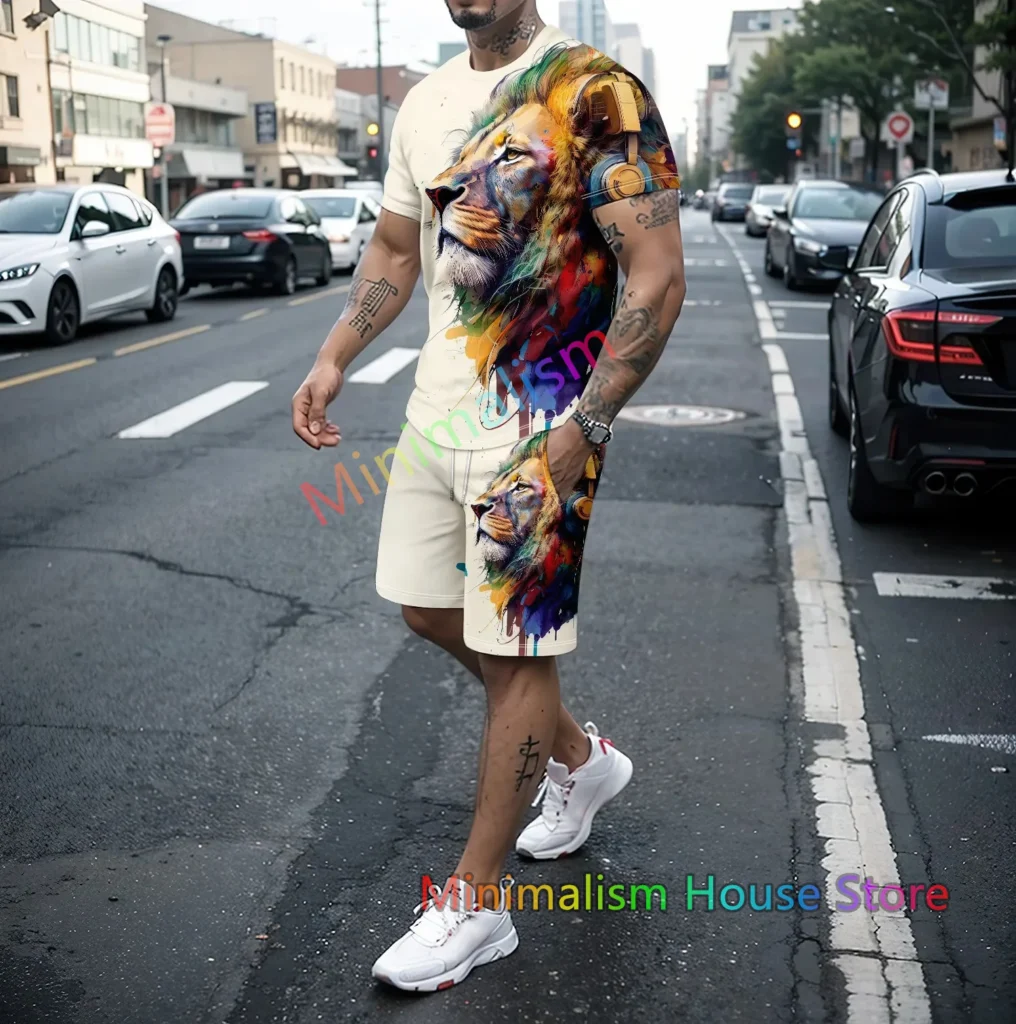 Summer Men's 3D Tiger Lion Print T-Shirt & Shorts Set – High-Quality Casual Street Sports Outfit