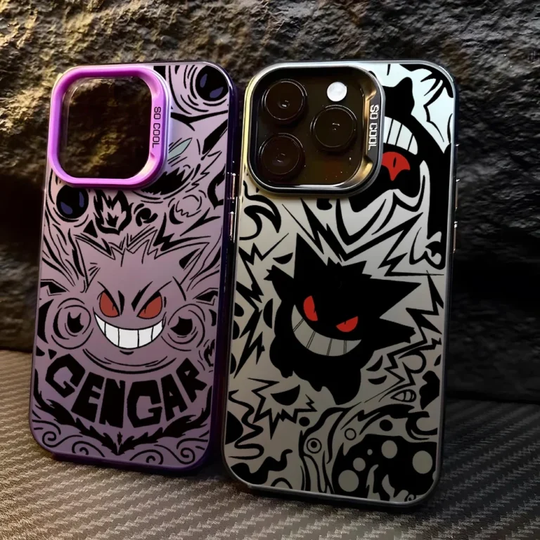 Anime Gengar Phone Case – Colorful Matte Silver Hard Cover for iPhone 16, 15, 14, 13, 12, 11 Pro Max, X, Xs, XR, 8, 7