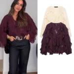TFMLN Sexy Women’s Translucent Ruffle Blouse 2025 – V-neck, Tiered, Single-Breasted Beach Style Casual Top