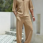 2025 New Spring summer Men's retro casual suit collar solid color half-sleeved shirt loose drawstring pants Two-piece beach Suit