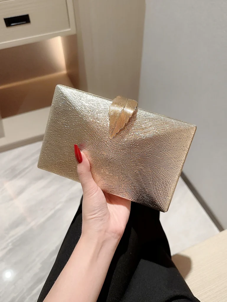 Gold Leaf Buckle Box Clutch,Elegant Chain Evening Bag for Women, Party & Prom Purse