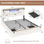 California King Farmhouse Bed Frame with Bookcase Headboard ,LED Lights, USB Ports & Storage, Hasuit Wooden Platform Bed
