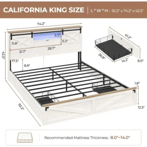 California King Farmhouse Bed Frame with Bookcase Headboard ,LED Lights, USB Ports & Storage, Hasuit Wooden Platform Bed