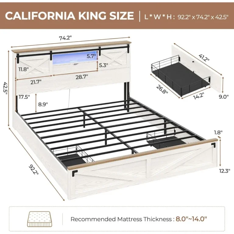 California King Farmhouse Bed Frame with Bookcase Headboard ,LED Lights, USB Ports & Storage, Hasuit Wooden Platform Bed
