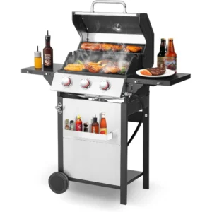 3-Burner Propane Gas Grill , 30,000 BTU Stainless Steel BBQ with Porcelain-Enameled Grates & Foldable Side Tables