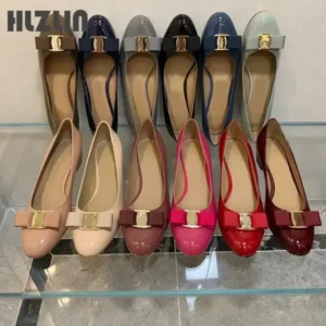 Women’s Leather Ballet Flats , Round Toe Shallow Slip-On Shoes with Bow Design