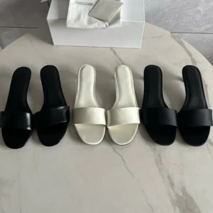 Nordic Minimalist Genuine Leather Heeled Slippers ,4cm Summer Sandals for Women, French Vintage Silk-Inspired Style