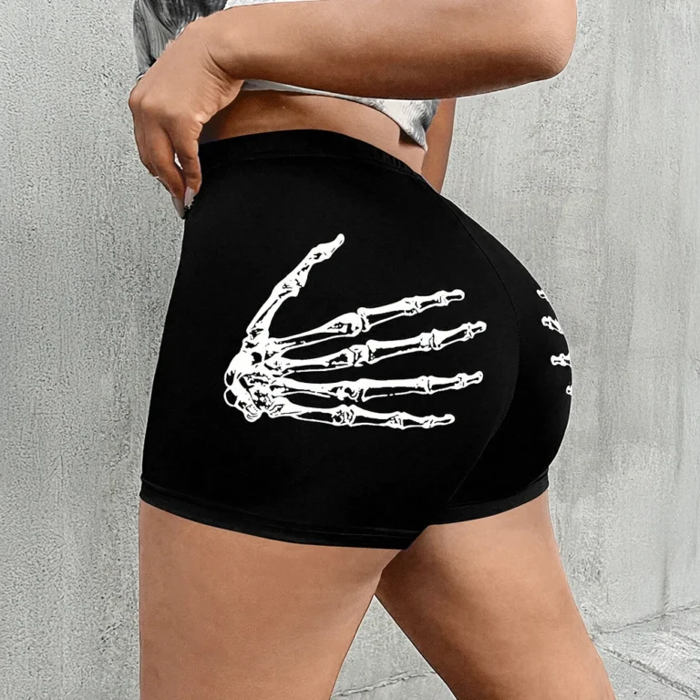 Mia Muse Women’s Graphic Shorts, All-Season Korean Streetwear with Skeleton Hands Print