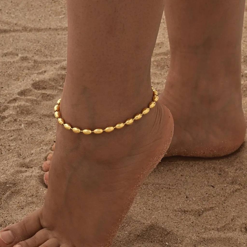 Waterproof Gold-Plated Beaded Ball Anklet for Women ,Adjustable 3mm & 5mm Stainless Steel Link Bracelet , Stackable Summer Jewelry