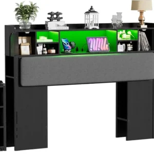 Upholstered Queen Headboard with Slide-Out Storage ,Wood Bookcase Design for Bedroom