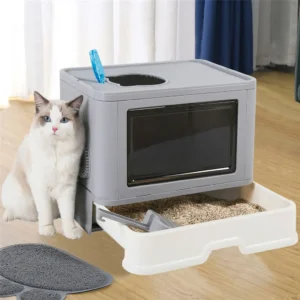 Foldable Enclosed Cat Litter Box , Front Entry, Top Exit, with Litter Scoop & Massager for Easy Cleaning