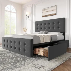 IDEALHOUSE Queen Size Bed Frame with 4 Storage Drawers and Adjustable Headboard ,Linen Upholstered Platform Bed with Wooden Slats Support