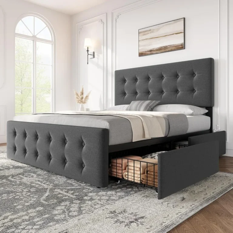 IDEALHOUSE Queen Size Bed Frame with 4 Storage Drawers and Adjustable Headboard ,Linen Upholstered Platform Bed with Wooden Slats Support