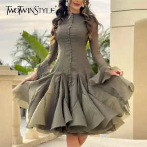 TWOTWINSTYLE Women’s Slimming Patchwork Ruffle Dress , Long Sleeve High Waist O-Neck Elegant Solid Spliced Fashion Dress