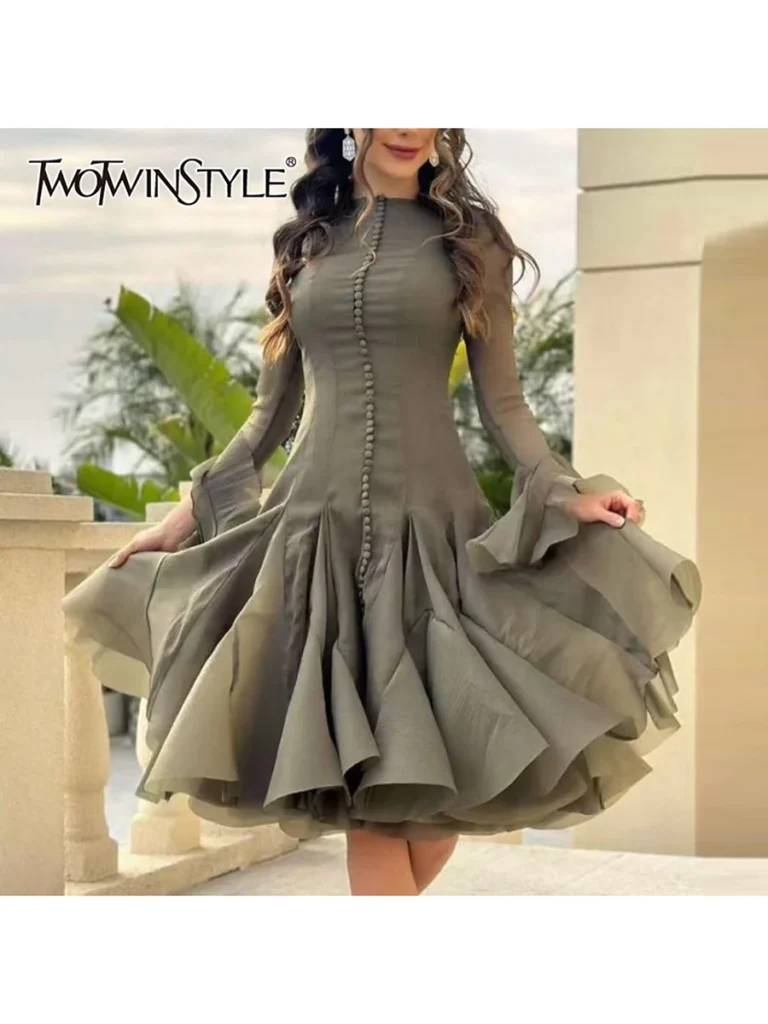 TWOTWINSTYLE Women’s Slimming Patchwork Ruffle Dress , Long Sleeve High Waist O-Neck Elegant Solid Spliced Fashion Dress