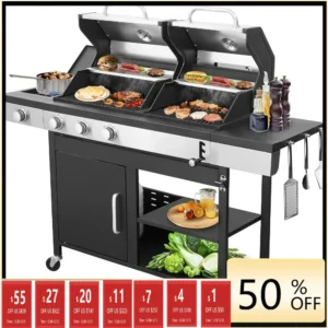 BBQ Grill & Charcoal Grill Combo , 37,230 BTU Outdoor Grill with Side Burner, Dual-Sided Frying Plate & Thermometer | Patio Cooking Station
