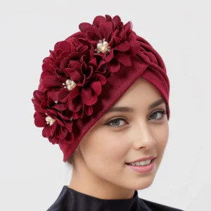 Floral Underscarf Hijab Turban Hat for Women, Islamic Head Wrap with Beaded Flower Headband – Wedding & Party Modest Wear