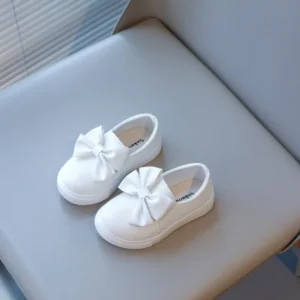 Girls’ White Leather Loafers ,Bowtie Slip-On Casual Shoes (Size 22–31)