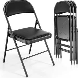 4-Pack Folding Chairs with Padded PU Leather Seats & Back – Metal Frame, 350 lbs Capacity, Black – Portable & Stackable Seating for Events, Parties, Weddings