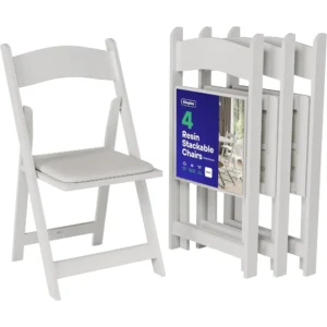Resin Stackable Folding Chairs ,White Foldable Chairs with Cushioned Seat for Indoor & Outdoor Events ,Durable & Comfortable Party Seating
