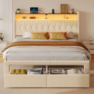 Modern Upholstered Platform Bed Frame with Storage, LED Headboard & Charging Station, Twin/Full/Queen Size