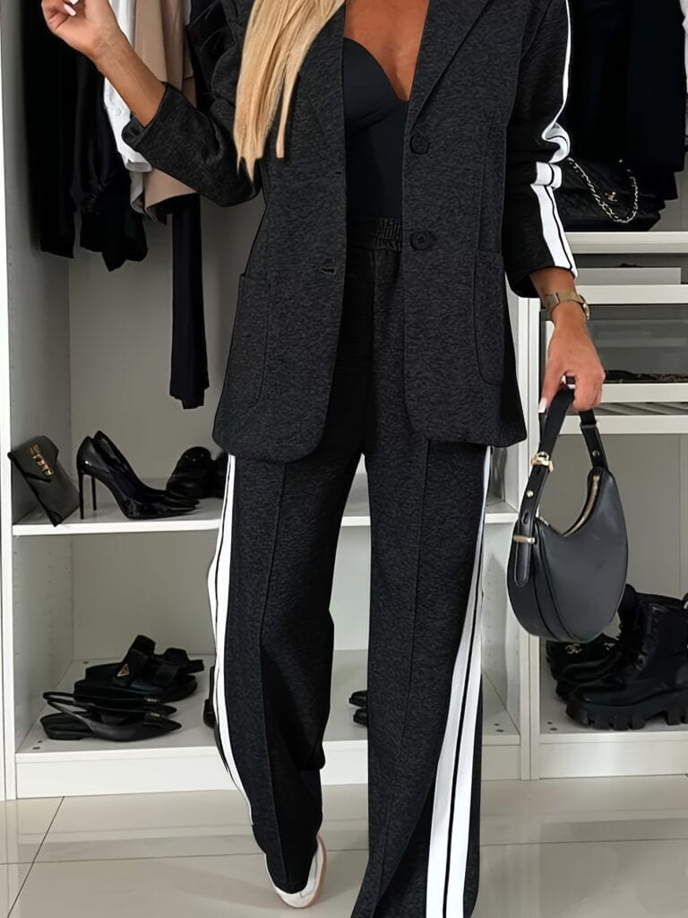 Chic Women’s Business Suit Set , Wide Collar Blazer with Button Detail & Straight-Leg Pants, Long Sleeve Office Outfit for Spring/Fall