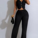 Minimalist Two-Piece Set for Women , Sleeveless Gold-Button Vest Top & High-Waisted Wide-Leg Pants, Elegant Slim-Fit Style