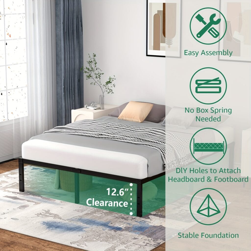 14 Inch High Platform Metal Bed Frame, Sturdy Double Bed Frame with Steel Slats, No Box Spring Needed - Black