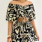 Trendy Digital Printed Off-Shoulder Shirt & Drawstring Shorts Set ,Summer Two-Piece Outfit for Women