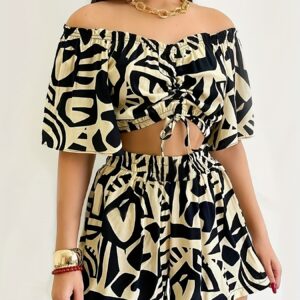 Trendy Digital Printed Off-Shoulder Shirt & Drawstring Shorts Set ,Summer Two-Piece Outfit for Women