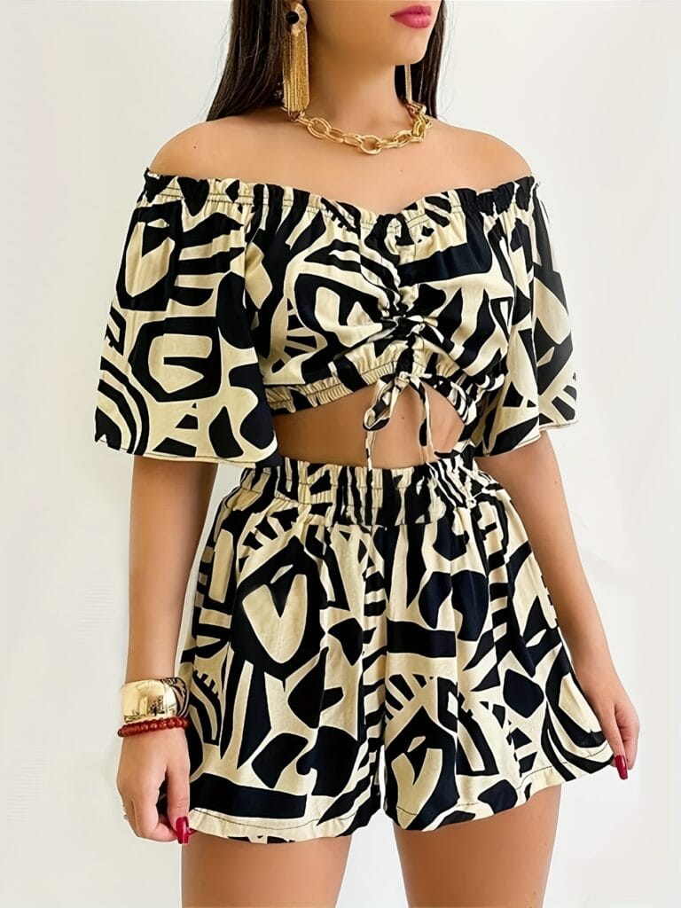 Trendy Digital Printed Off-Shoulder Shirt & Drawstring Shorts Set ,Summer Two-Piece Outfit for Women