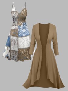 Elegant 2-Piece Women’s Set – Solid Color Long Coat with Contrast Suspender Dress, Stylish Fall/Winter Outfit